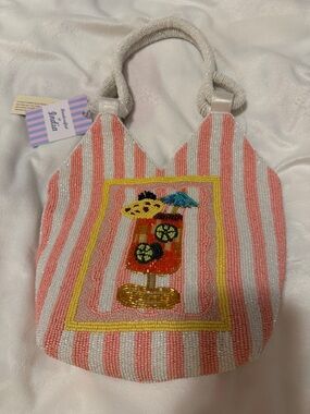 Beaded Pink & White Striped Cocktail Tote